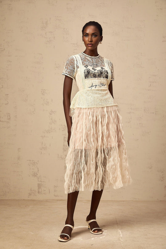 Caitlin White Floral Embroidered Midi Dress Tulle Semi-Sheer Creased Effect Round Neck Short Sleeves Cinched Waist Beige White Half Lining Rear Zip Fastening 100 Percent Terylene Fiber