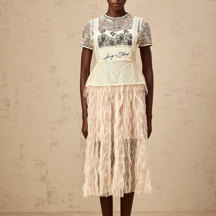 Caitlin White Floral Embroidered Midi Dress Tulle Semi-Sheer Calf-Length Creased Effect Round Neck Short Sleeves Cinched Waist Beige White Half Lining Rear Zip Fastening 100% Terylene Fiber