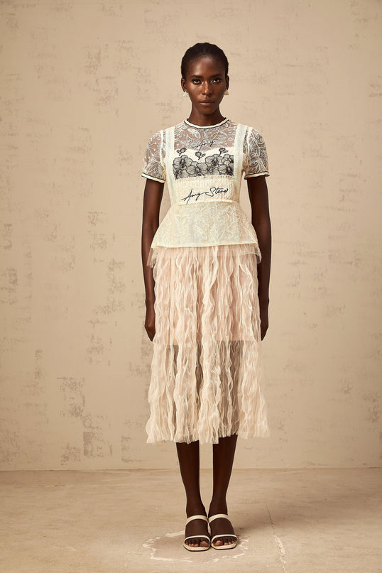 Caitlin White Floral Embroidered Midi Dress Tulle Semi-Sheer Calf-Length Creased Effect Round Neck Short Sleeves Cinched Waist Beige White Half Lining Rear Zip Fastening 100% Terylene Fiber