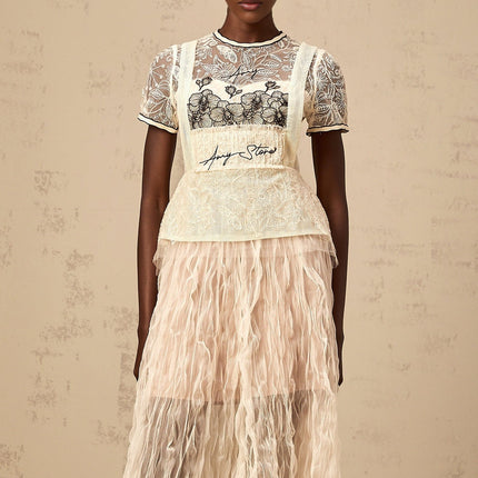 Caitlin White Floral Embroidered Tulle Midi Dress with Creased Effect and Cinched Waist