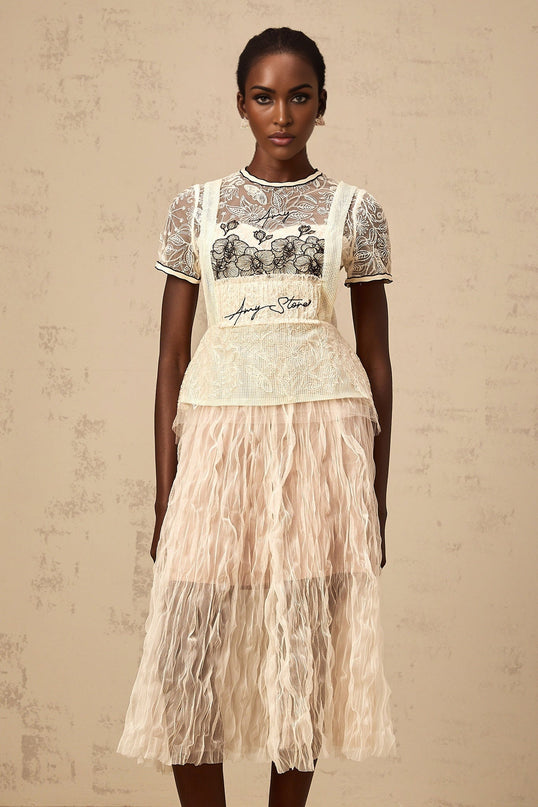 Caitlin White Floral Embroidered Tulle Midi Dress with Creased Effect and Cinched Waist