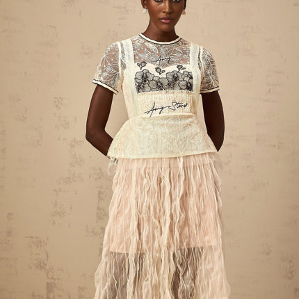 Caitlin White Floral Embroidered Tulle Midi Dress with Creased Effect and Cinched Waist