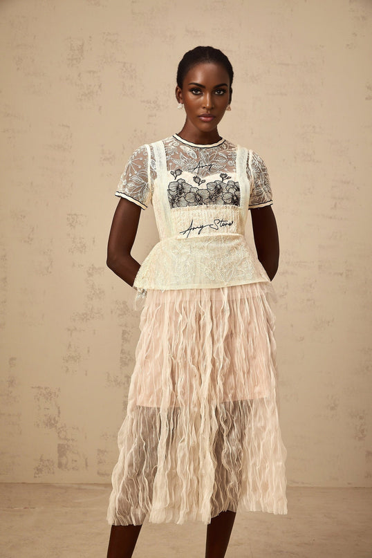 Caitlin White Floral Embroidered Tulle Midi Dress with Creased Effect and Cinched Waist