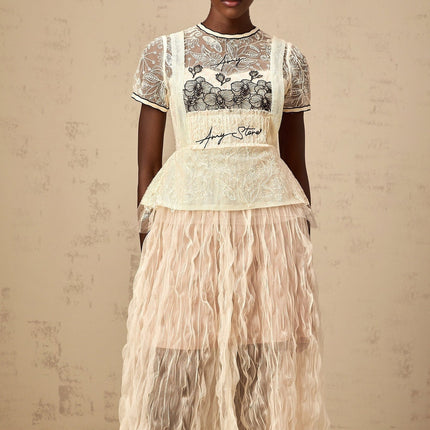 Caitlin White Floral Embroidered Tulle Midi Dress