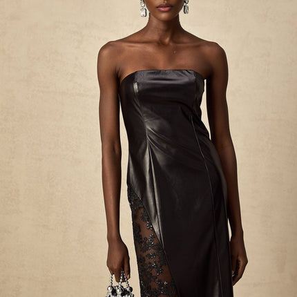 Caitlyn Black Maxi Dress with Floral-Lace Panels and Faux Leather Detailing