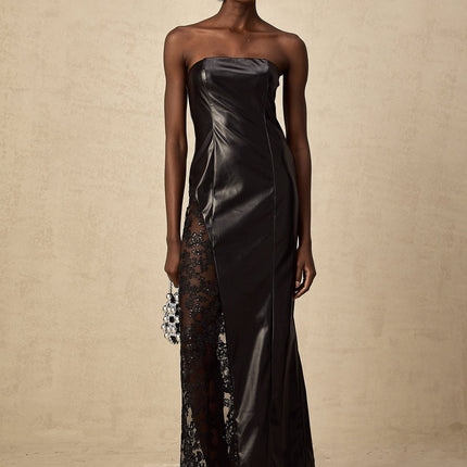 Caitlyn Black Maxi Dress with Floral-Lace Panels and Faux Leather Detailing