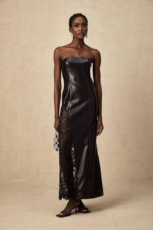 Caitlyn Black Maxi Dress with Floral-Lace Panels and Faux Leather Detailing