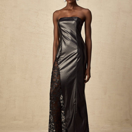 Caitlyn Black Lace Strapless Maxi Dress with Faux Leather Detailing