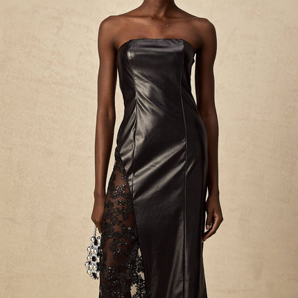 Caitlyn Black Maxi Dress with Floral-Lace Panels and Faux Leather Detailing