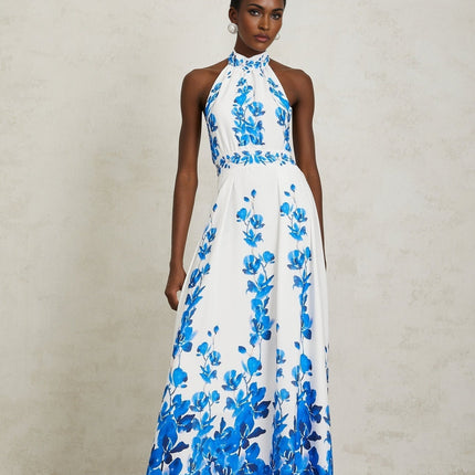 Caitlyn Blue and White Floral Maxi Dress with Open Back Design
