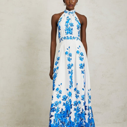 Caitlyn Blue and White Floral Maxi Dress with Open Back Design
