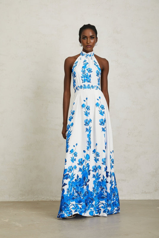 Caitlyn Blue and White Floral Maxi Dress with Open Back Design