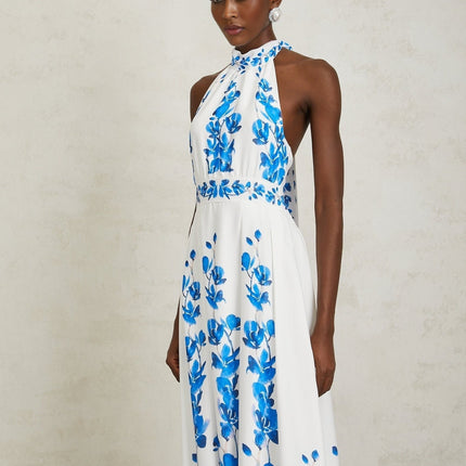 Caitlyn Maxi Dress Blue White Floral Halterneck Open Back Pleated Elegant Self-Tie Zip Fit Special Occasion