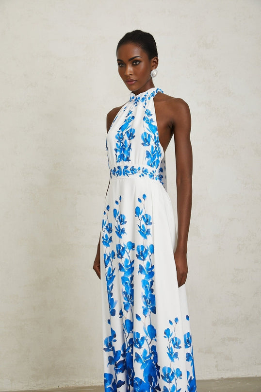 Caitlyn Maxi Dress Blue White Floral Halterneck Open Back Pleated Elegant Self-Tie Zip Fit Special Occasion