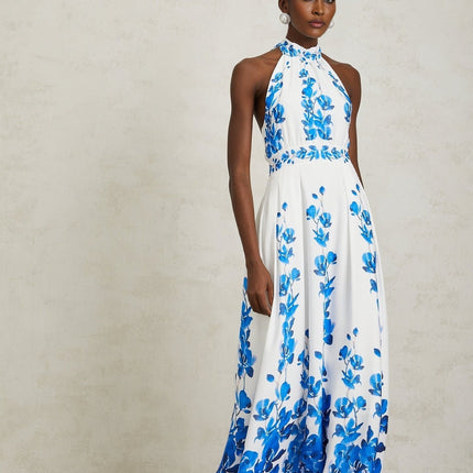 Caitlyn Maxi Dress Blue White Floral Halterneck Open Back Pleated Elegant Self-Tie Zip Luxury Special Occasion