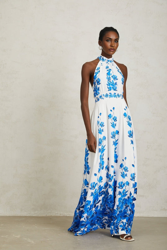 Caitlyn Maxi Dress Blue White Floral Halterneck Open Back Pleated Elegant Self-Tie Zip Luxury Special Occasion