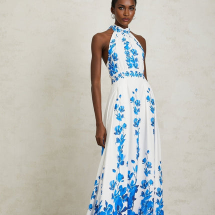 Caitlyn Maxi Dress Blue White Floral Halterneck Open Back Pleated Elegant Self-Tie Zip Fit Cotton Terylene Special Occasion