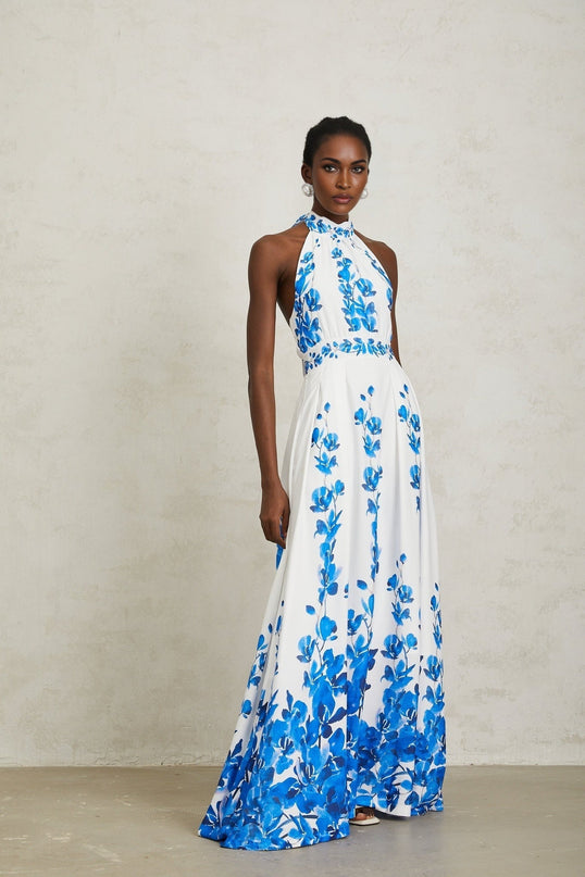 Caitlyn Maxi Dress Blue White Floral Halterneck Open Back Pleated Elegant Self-Tie Zip Fit Cotton Terylene Special Occasion
