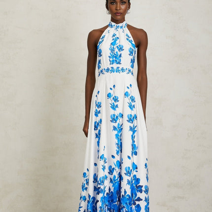 Caitlyn Maxi Dress Blue and White Floral Halterneck Open Back Pleated Detailing Self-Tie Waist Rear Zip Special Occasion Elegant