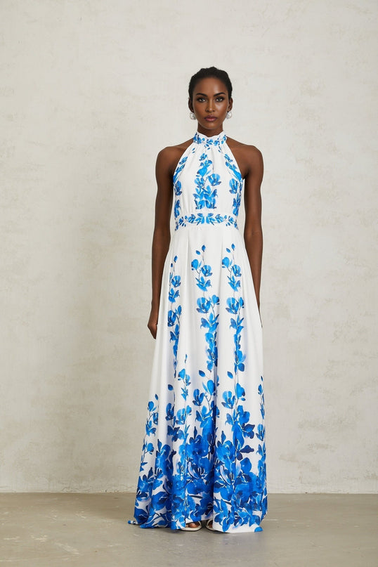 Caitlyn Maxi Dress Blue and White Floral Halterneck Open Back Pleated Detailing Self-Tie Waist Rear Zip Special Occasion Elegant