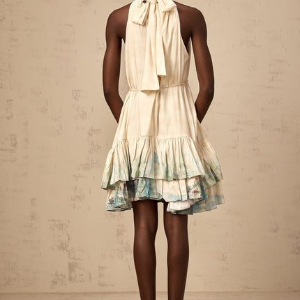 Caitlyn Neutrals Layered Mini Dress Terylene Fiber Pattern Print Ribbon Tie Elegant Rear Zip Fastening