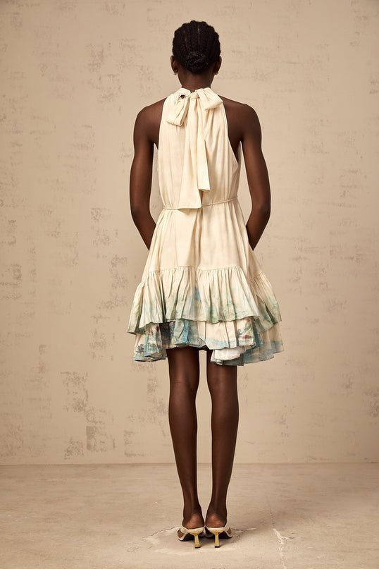 Caitlyn Neutrals Layered Mini Dress Terylene Fiber Pattern Print Ribbon Tie Elegant Rear Zip Fastening