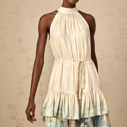 Caitlyn Neutrals Layered Mini Dress Terylene Fiber Ribbon-Tie Neck