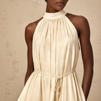 Caitlyn Neutrals Layered Mini Dress Terylene Fiber Ribbon Tie Neck