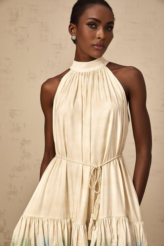 Caitlyn Neutrals Layered Mini Dress Terylene Fiber Ribbon Tie Neck