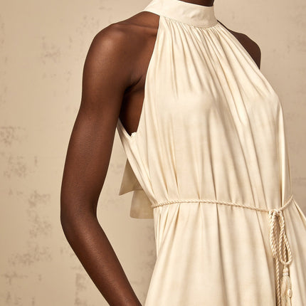 Caitlyn Neutrals Layered Mini Dress Terylene Fiber Ribbon Tie Neck