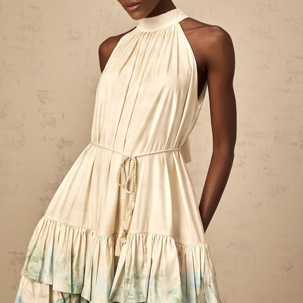 Caitlyn Neutrals Layered Mini Dress Terylene Fiber Ribbon-Tie Neck