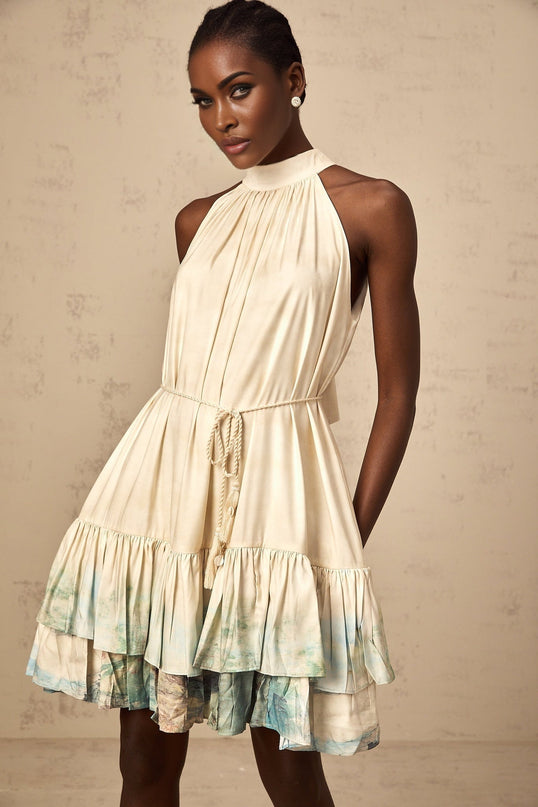 Caitlyn Neutrals Layered Mini Dress Terylene Fiber Ribbon-Tie Neck