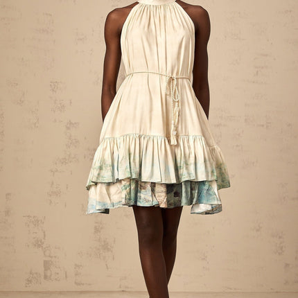 Caitlyn Neutrals Layered Mini Dress Terylene Fiber Ribbon Tie Neck Sleeveless Elegant Pattern Print Rear Zip Fastening