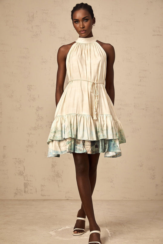 Caitlyn Neutrals Layered Mini Dress Terylene Fiber Ribbon Tie Neck Sleeveless Elegant Pattern Print Rear Zip Fastening