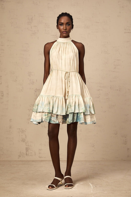 Caitlyn Neutrals Layered Pattern Print Mini Dress Terylene Fiber