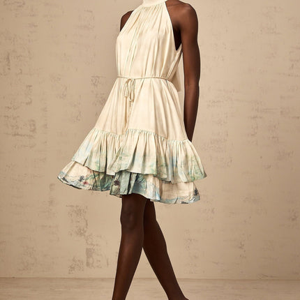 Caitlyn Neutrals Layered Mini Dress Terylene Fiber Ribbon Tie Neck Tie Waist Rear Zip Fastening Pattern Print Sleeveless Elegant Sophisticated Charm Luxury Graceful Refinement Comfortable Stylish