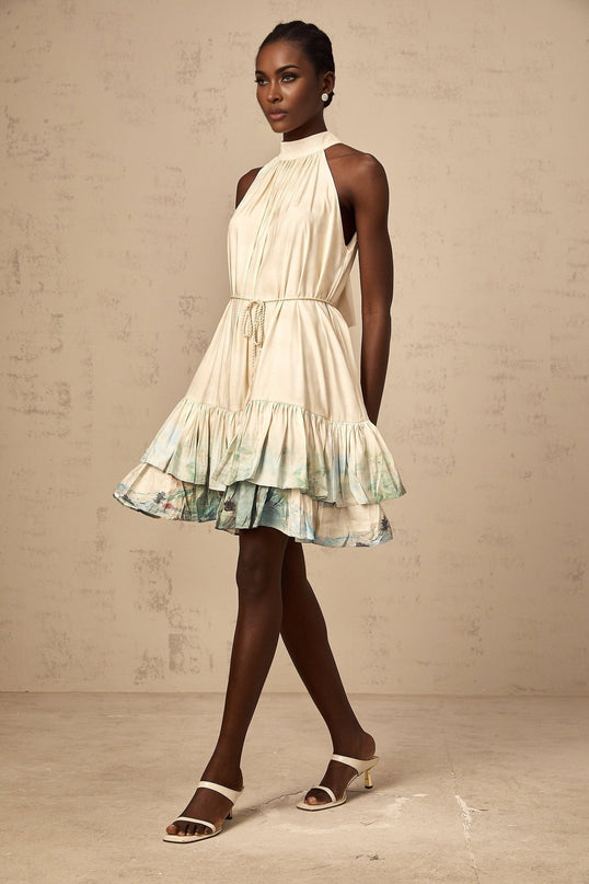 Caitlyn Neutrals Layered Mini Dress Terylene Fiber Ribbon Tie Neck Tie Waist Rear Zip Fastening Pattern Print Sleeveless Elegant Sophisticated Charm Luxury Graceful Refinement Comfortable Stylish
