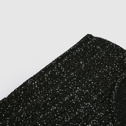 Callie Black Sequin Mini Dress Tiered Glamour Knitted Construction Sleeveless Design