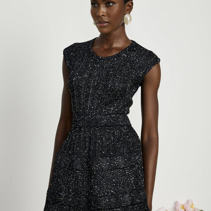 Callie Black Sequin Mini Dress tiered statement glamour round neck sleeveless design knitted construction mesmerizing details luxurious blend Viscose Polyamide Terylene fiber Elastane opulence elegance