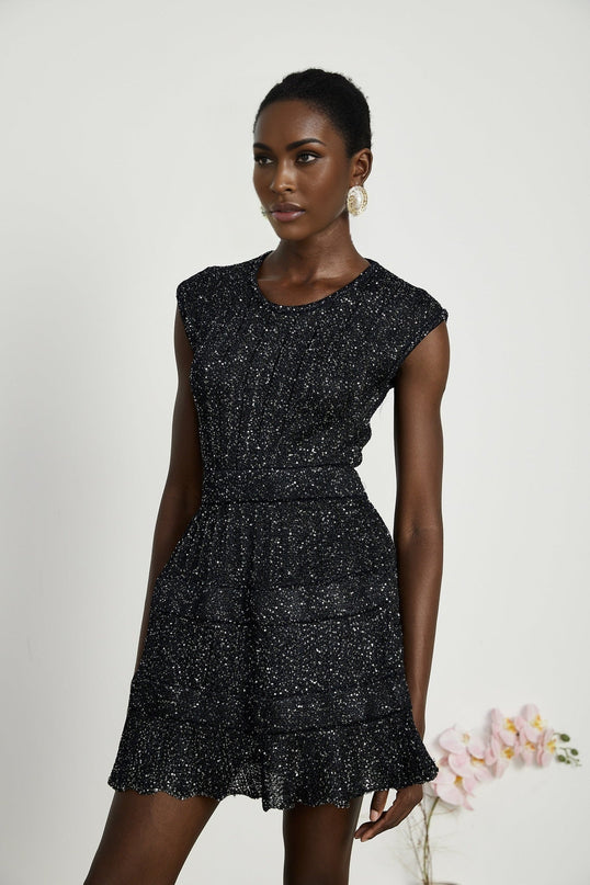 Callie Black Sequin Mini Dress tiered statement glamour round neck sleeveless design knitted construction mesmerizing details luxurious blend Viscose Polyamide Terylene fiber Elastane opulence elegance