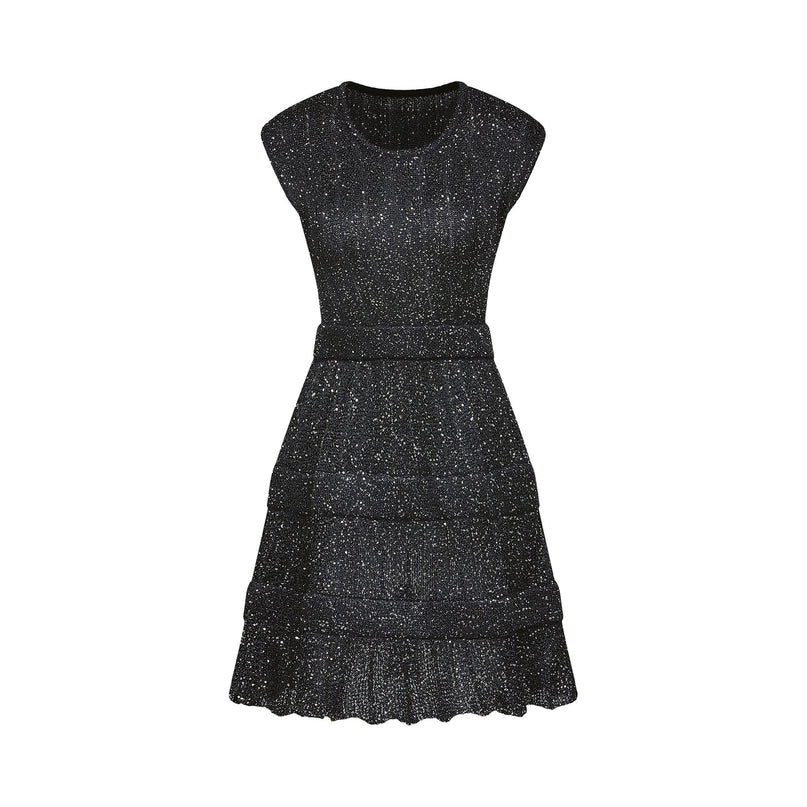 Callie Black Sequin Mini Dress tiered glamour round neck sleeveless knitted construction drama minilength opulence elegance