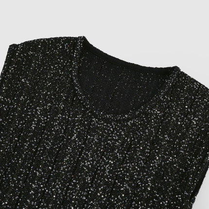 Callie Black Sequin Mini Dress Tiered Statement Glamour Round Neck Sleeveless Knitted Construction Luxurious Blend Viscose Polyamide Terylene Elastane Opulence Elegance