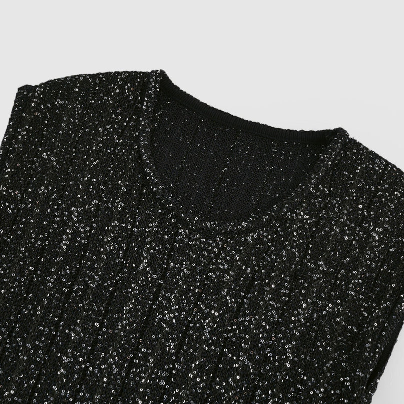 Callie Black Sequin Mini Dress Tiered Statement Glamour Round Neck Sleeveless Knitted Construction Luxurious Blend Viscose Polyamide Terylene Elastane Opulence Elegance