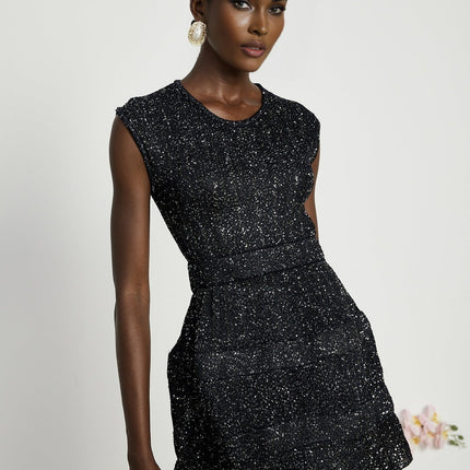 Callie Black Sequin Mini Dress tiered statement glamour round neck sleeveless design knitted construction mesmerizing details luxurious blend Viscose Polyamide Terylene fiber Elastane opulence elegance