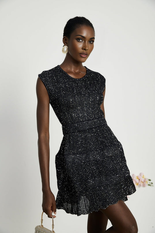Callie Black Sequin Mini Dress tiered statement glamour round neck sleeveless design knitted construction mesmerizing details luxurious blend Viscose Polyamide Terylene fiber Elastane opulence elegance