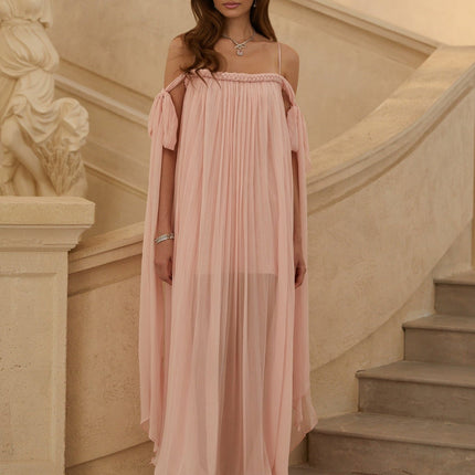 Callie Maxi Dress in Pink with boned bodice, floral lace, and sequin detailing