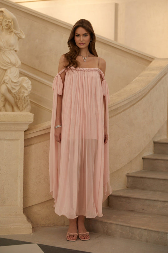 Callie Maxi Dress in Pink with boned bodice, floral lace, and sequin detailing