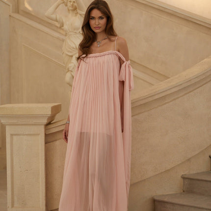 Callie Maxi Dress in Pink with boned bodice, braid, floral lace, sequin detailing, flounce hem, self-tie ribbon, adjustable spaghetti straps, and square neck