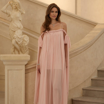 Callie Maxi Dress in Pink with boned bodice, floral lace, and sequin detailing
