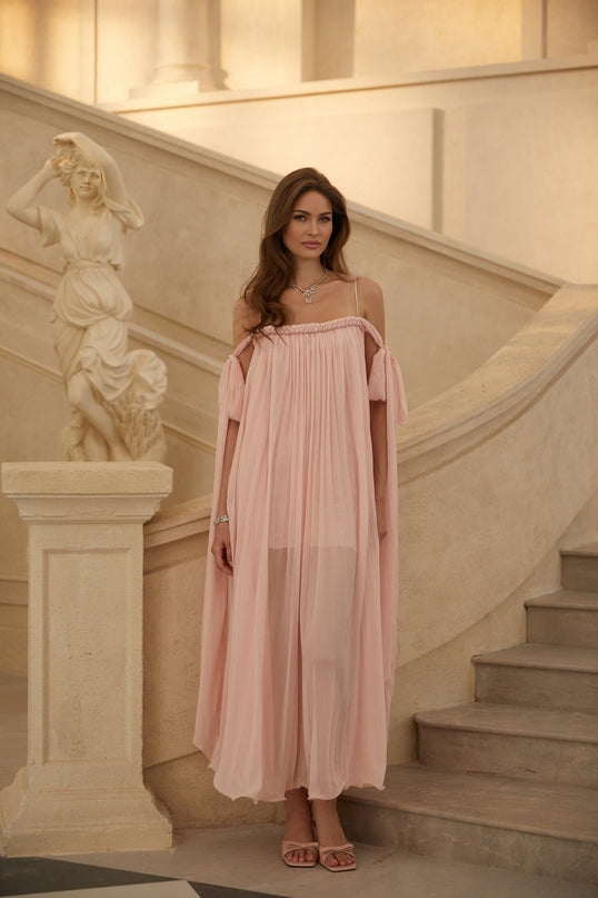 Callie Maxi Dress in Pink with boned bodice, floral lace, and sequin detailing